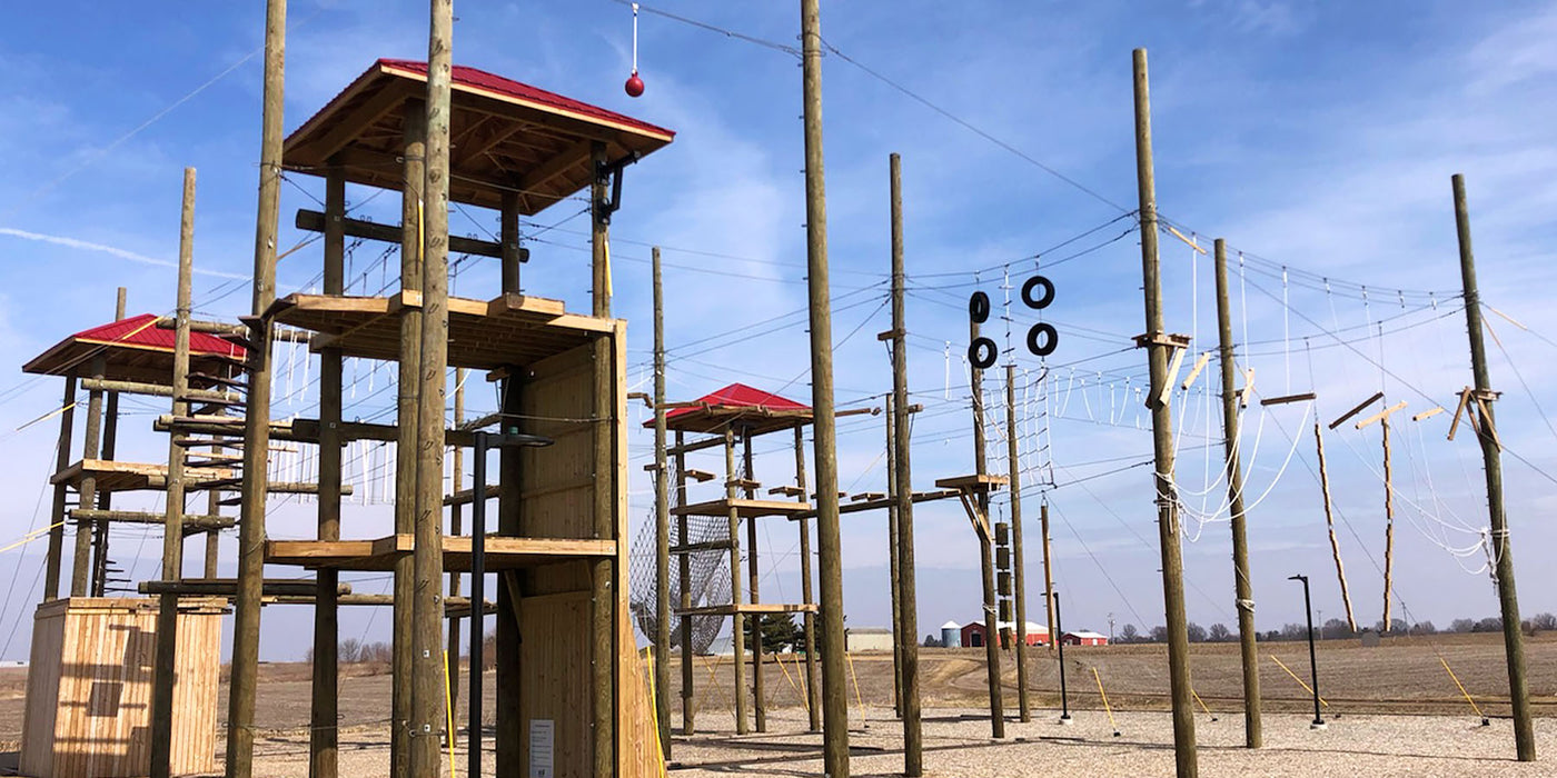 Challenge course with high elements, rope bridges, towers, and low elements designed and built by ABEE Inc. in Idaho.