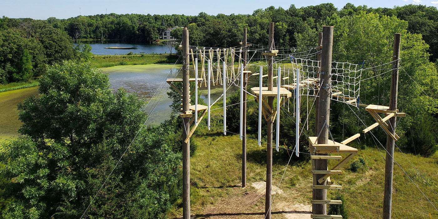 Aerial, canopy challenge course designed and built by ABEE Inc. in Lakeville, Minnesota.