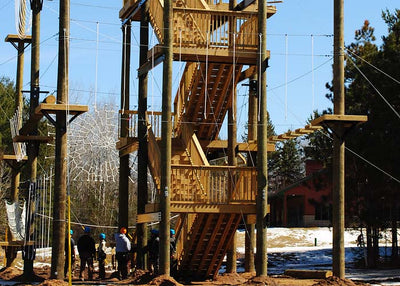 Challenge course with towers, high ropes course, and low elements designed and built by ABEE Inc. in Green Bay, Wisconsin.