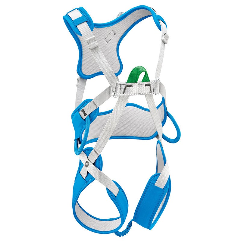 Light blue and white, Oustiti kids full-body challenge course / climbing harness.