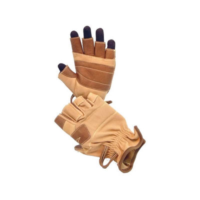 Brown leather, pro fingerless zip line gloves.